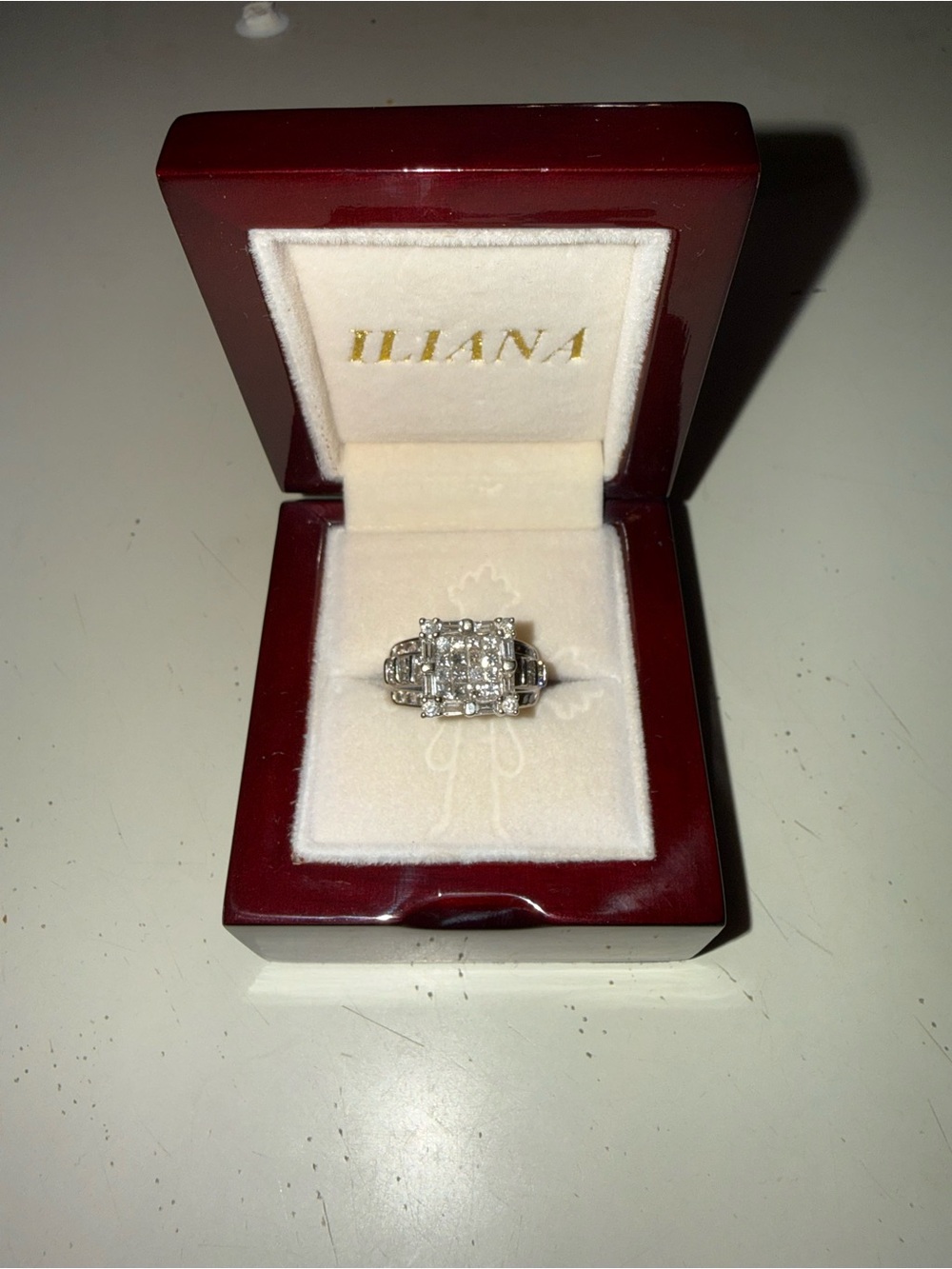14k White Gold Ring Diamond Cluster With Baguettes Emerald Cut - White - Picture 3 of 10
